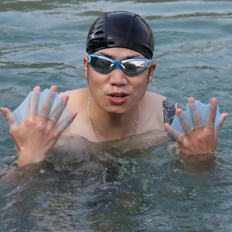 Unisex frog-type silicone swimming hand flippers webbed gloves in blue green pink colours
