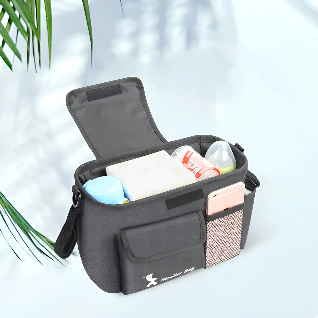 Black baby carriage bag in 300D snowflake material with pearl cotton, size 18 by 30 by 15 cm
