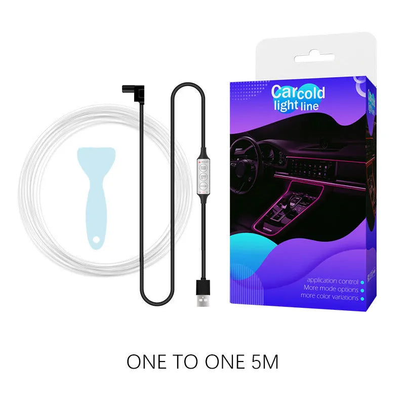 USB-powered RGB car interior LED light strip with manual controller showing multicolour illumination