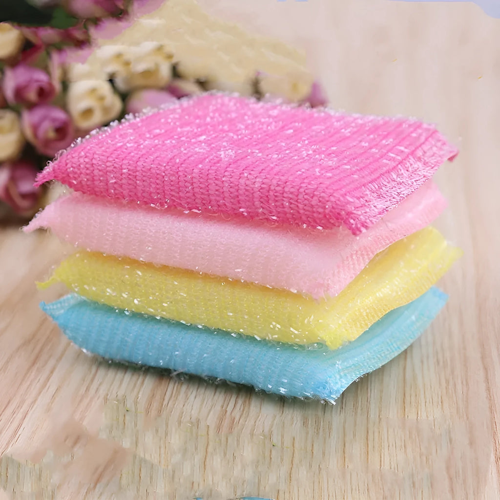 Pinstripe fabric dishwashing sponge mop in mixed macaron colours on a kitchen counter.