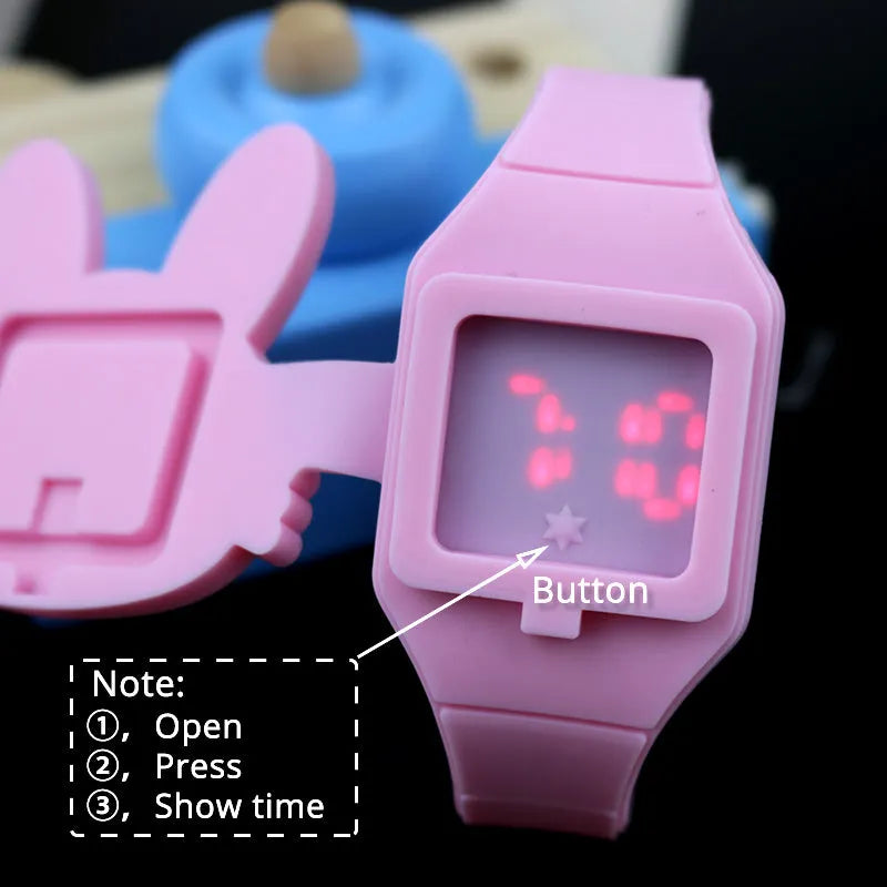 Children's electronic watch with 55mm cartoon dial, silicone strap and stainless steel pin buckle in blue