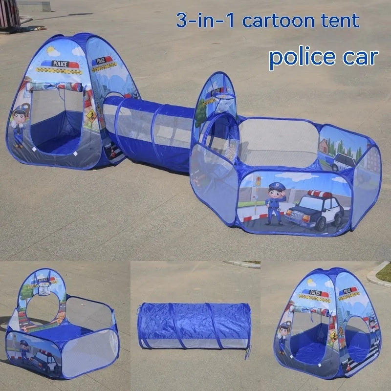 Three-in-one children's play tent set with inflatable ball pool and connecting tunnel in cartoon marine design