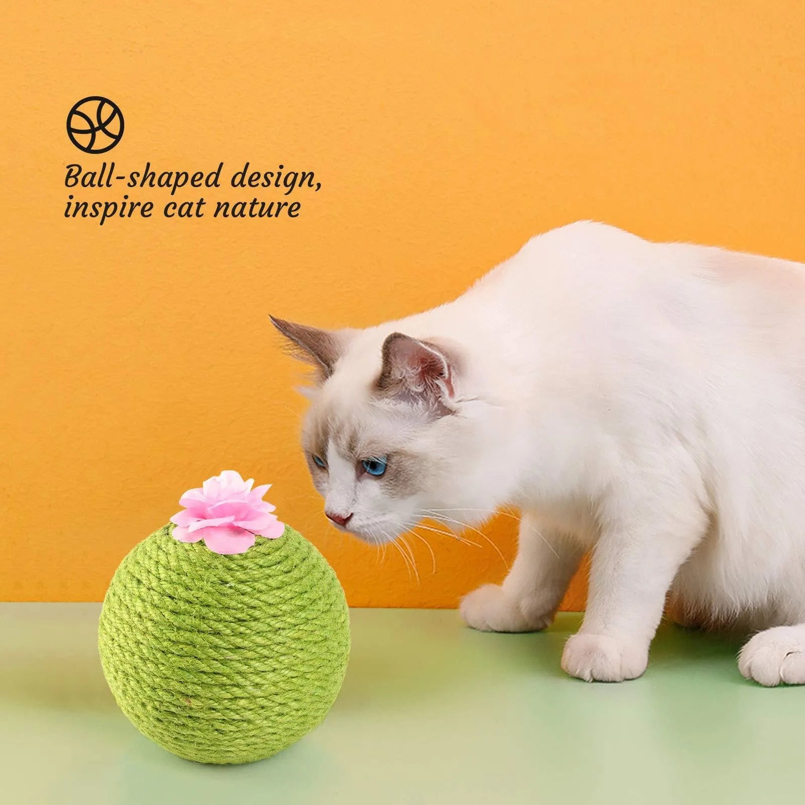 Green cactus-shaped cat activity tower with sisal scratching post and a tumbler ball catnip toy.