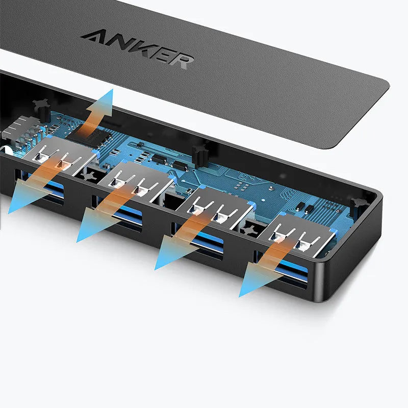 Black Anker USB 3.0 hub with four ports and 200mm cable, dimensions 30x107mm