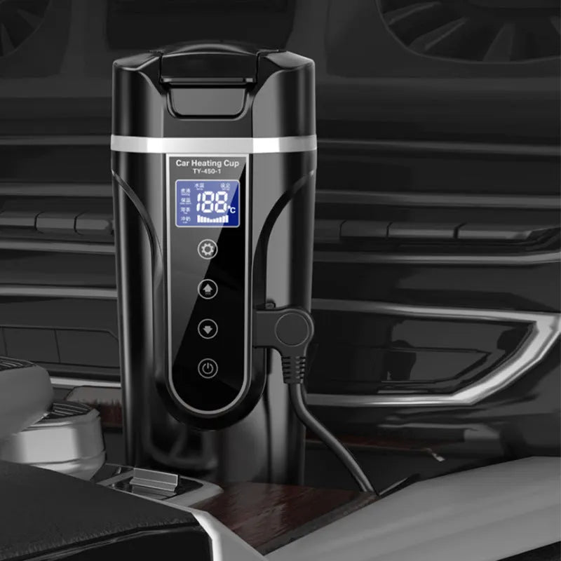 Black car electric heating cup with 400ml capacity, food grade 304 stainless steel inner lining, and power cord placed on a car seat