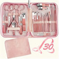 30-piece stainless steel nail beauty tool set in presentation case, colour options shown.