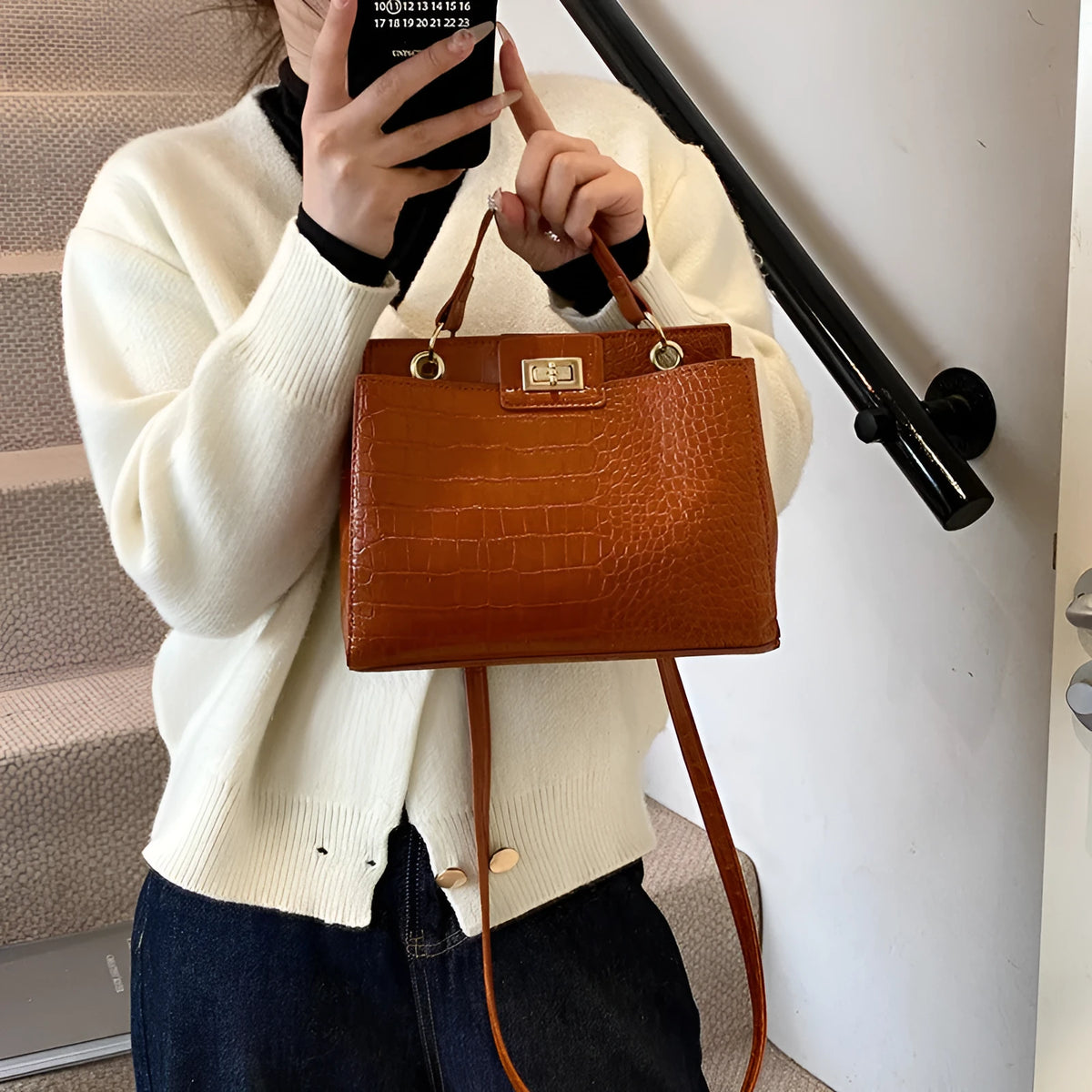 PU leather shoulder messenger bag in black with open front pocket and shoulder strap, 25x20x9cm