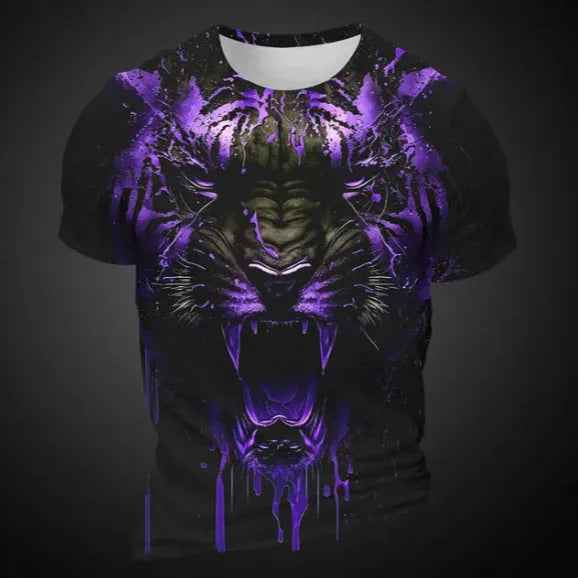 Men's 3D tiger pattern t-shirt showing digital printed design on polyester fabric