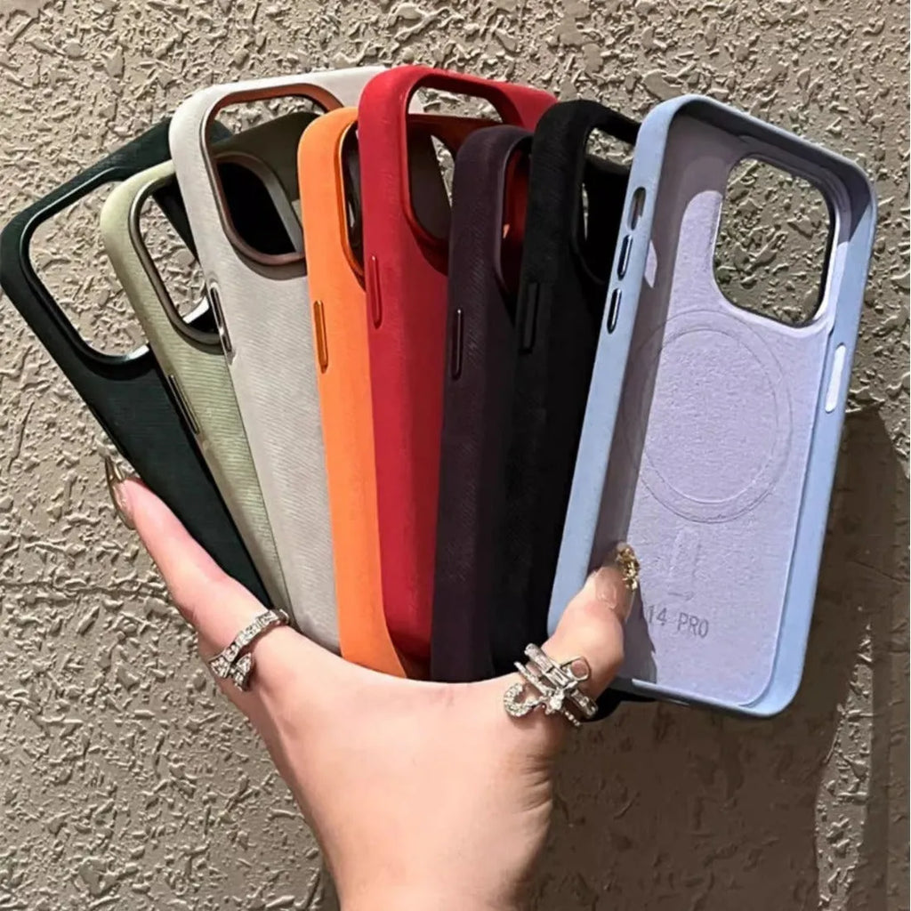 Magnetic leather flannel hard case for iPhone in silver grey colour showing velvet texture
