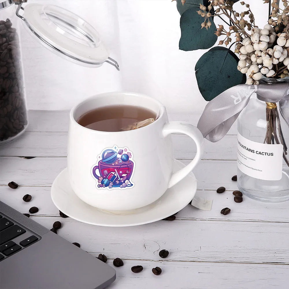 Pack of 50 colourful tea cup graffiti design vinyl stickers for scooters and luggage.