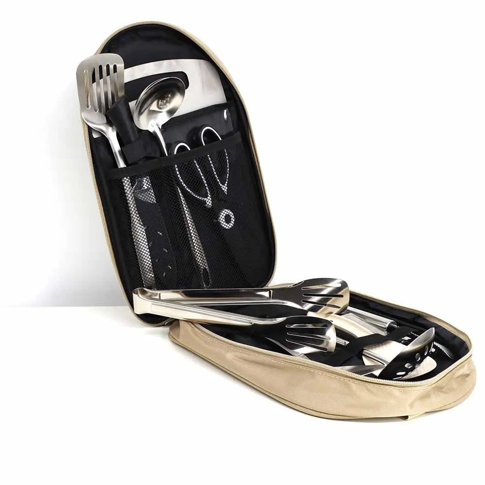 Khaki portable picnic bag unrolled to show 12 stainless steel cutlery pieces.