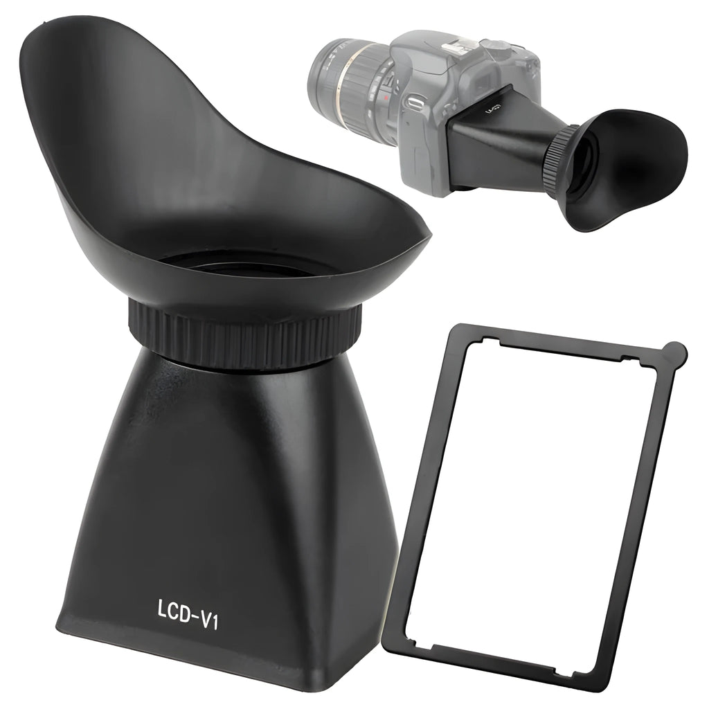 Black camera LCD magnifier with magnetic mount attached to a DSLR, showing screen magnification.