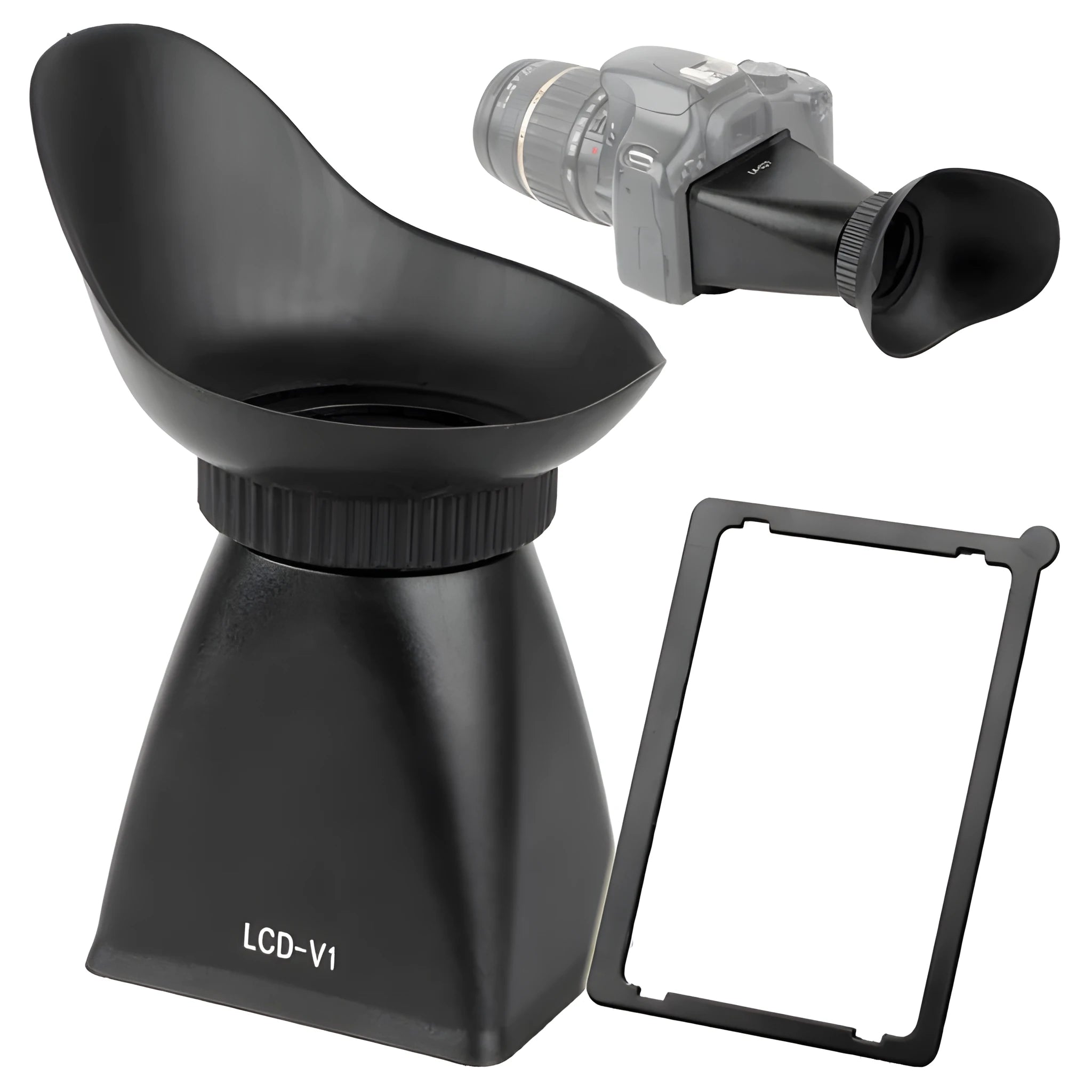 Black camera LCD magnifier with magnetic mount attached to a DSLR, showing screen magnification.