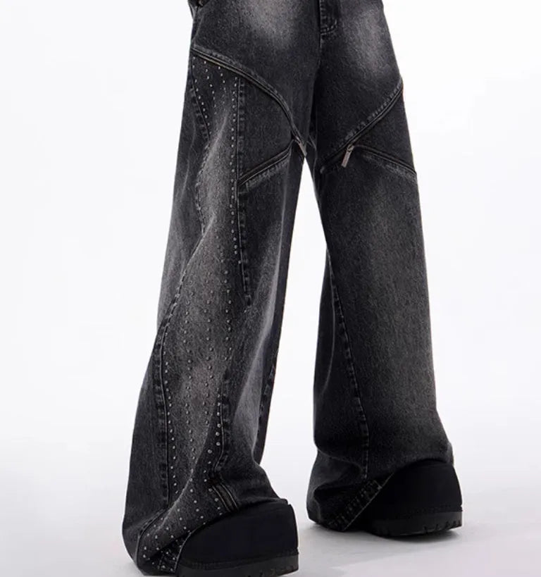 Black and grey wide leg pants with structure zipper and matching waistcoat set