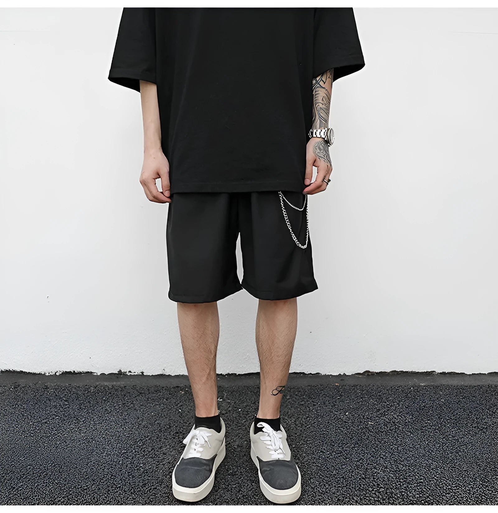 Black cotton trouser chain suit shorts for men with secure key chain, side view
