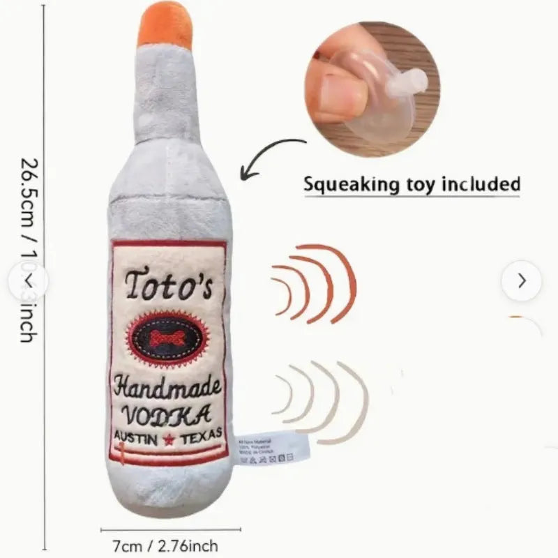 Brown plush wine bottle shaped dog toy with molar detailing for chewing
