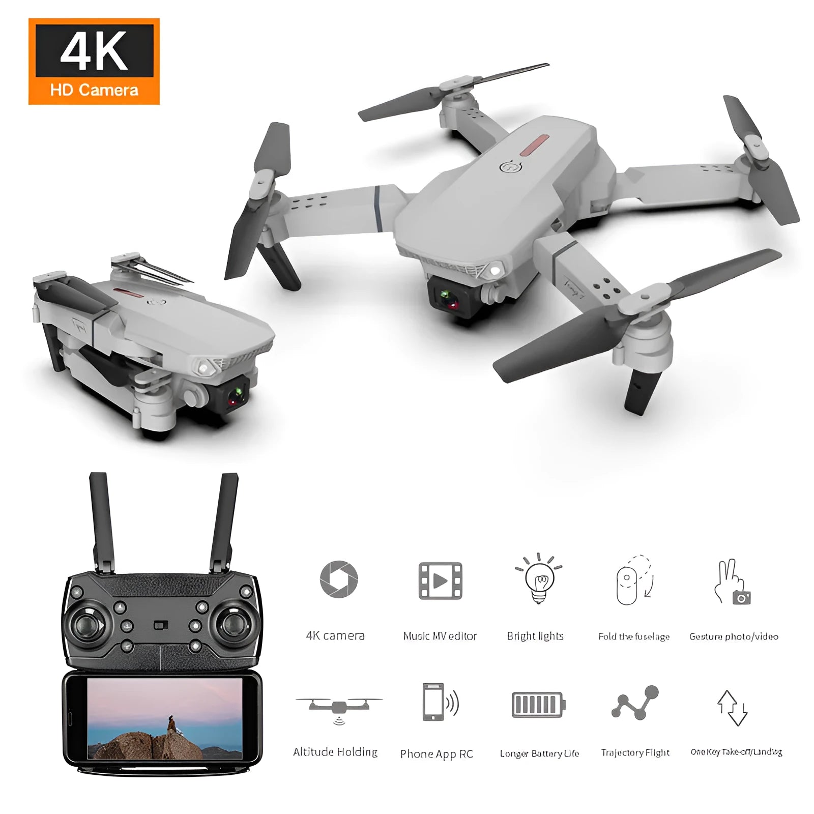 Grey foldable remote control drone with dual 4K cameras, LED lights, and a handheld transmitter.