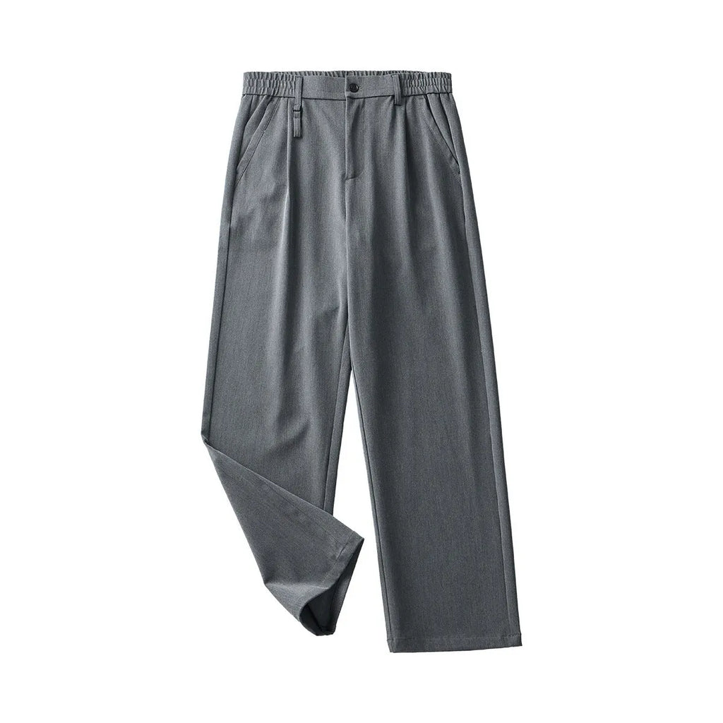Black and grey loose straight-leg business casual trousers on a hanger, showing draping fit.