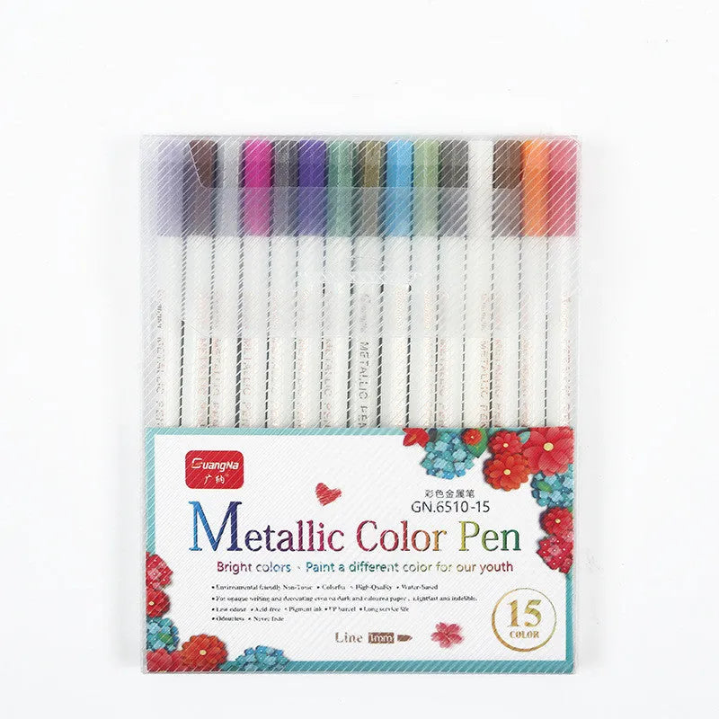 Card album metal pen set with plastic storage case containing multiple black barrel pens in various colours