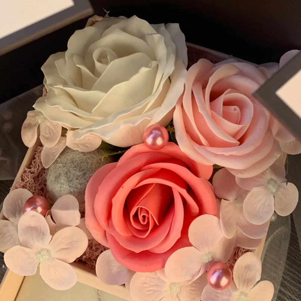 Pink lamp gift box with handmade soap flower rose in pink colour, ready for Christmas or Valentine's Day