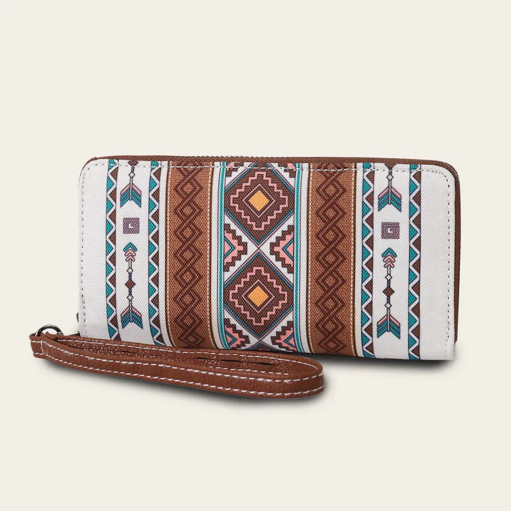 Bohemian striped canvas RFID wallet showing interior and exterior with card protection features