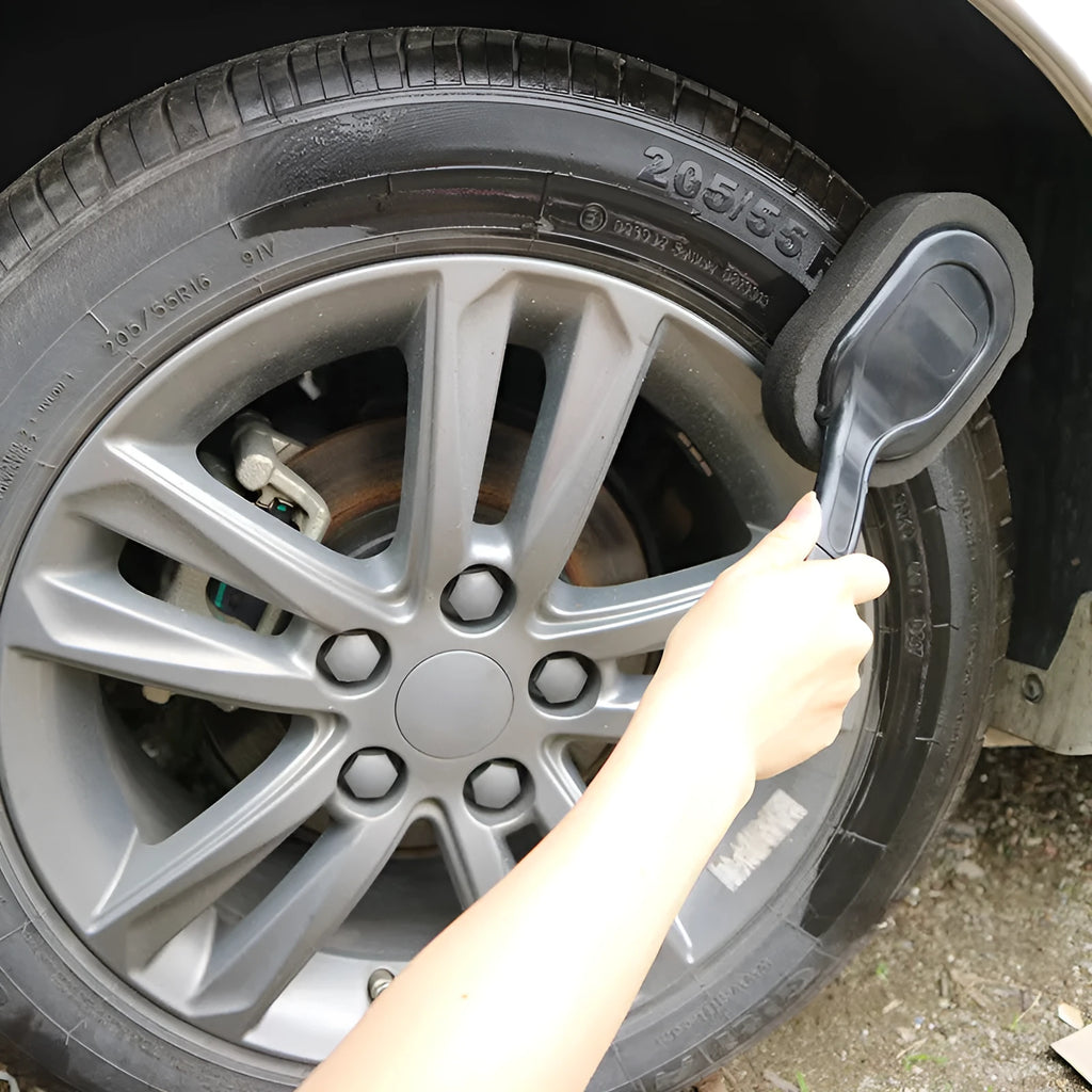 Car tire waxing brush with long handle and polyester sponge, 29 x 9 x 3 cm