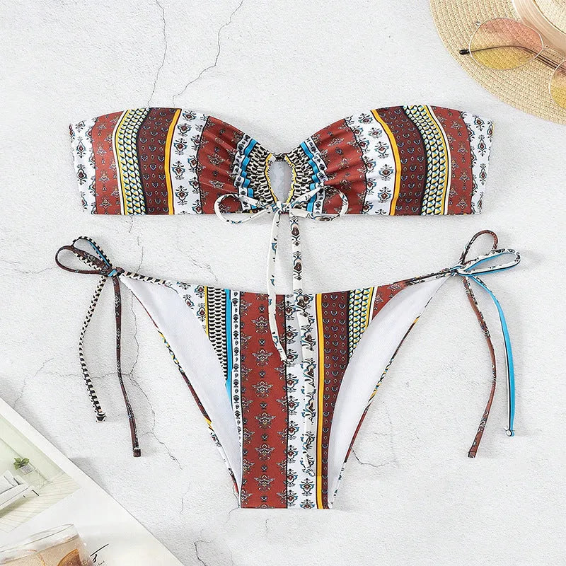 Women's printed lace-up split swimsuit in mixed colours