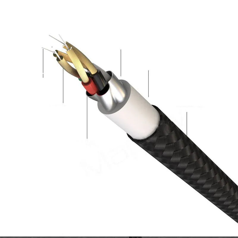 Black universal fast charging cable with rotating zinc alloy head for Apple and Android phones.