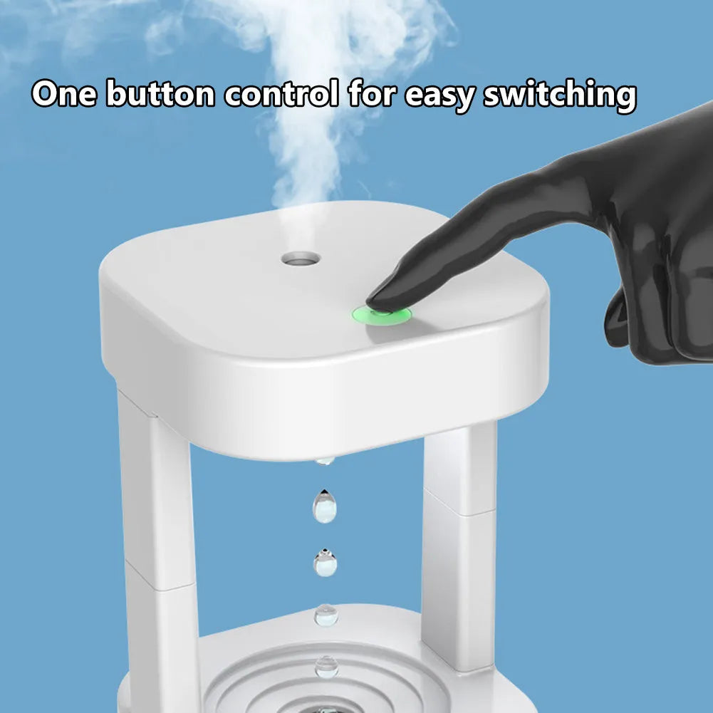Anti-gravity water drop humidifier with optical illusion water flow and 580ml tank