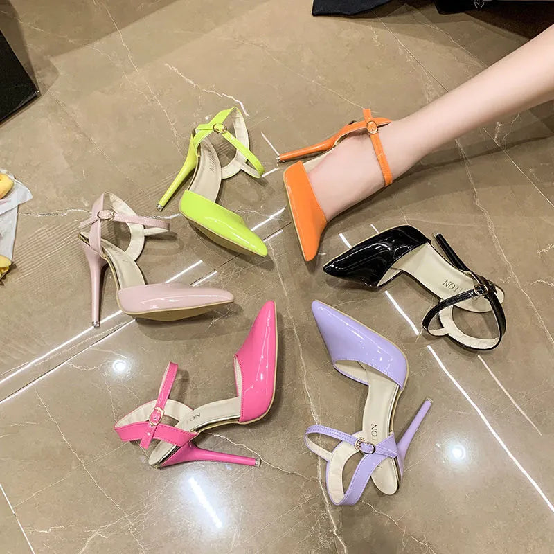 Women's ankle-strap buckle sandals with 12cm stiletto heel and fish mouth toe in Barbie Pink colour