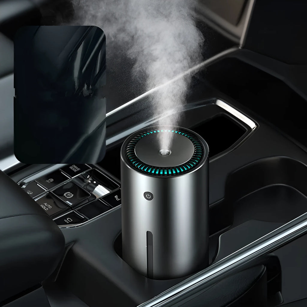 Black aluminium alloy car humidifier and air purifier with USB cable on a car dashboard