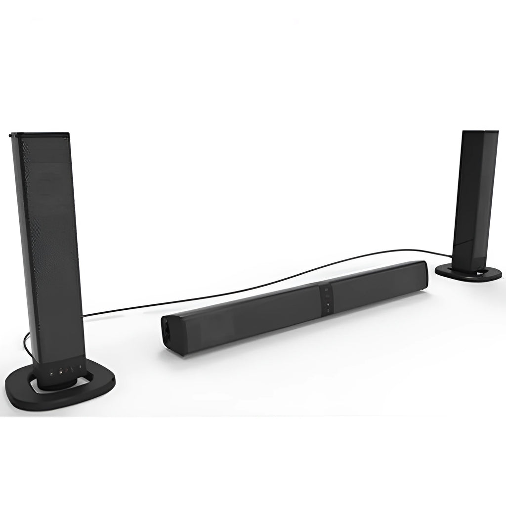 Black foldable split TV Bluetooth speaker with plastic housing showing speaker grilles and control buttons