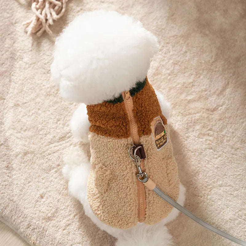 Color-block pet fleece jacket with squirrel patch in green brown beige for small dogs
