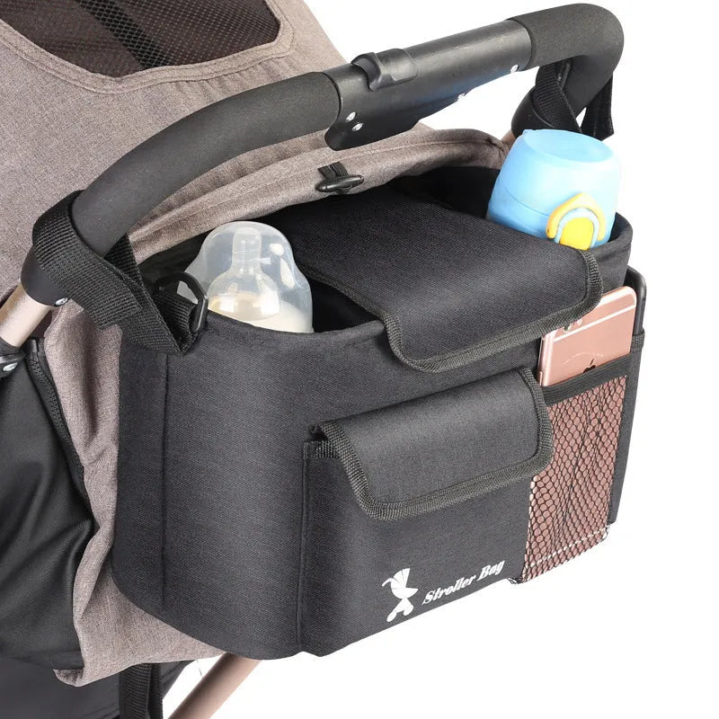 Black baby carriage bag in 300D snowflake material with pearl cotton, size 18 by 30 by 15 cm