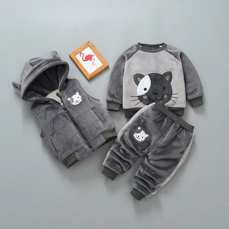 Children's thick cotton three-piece suit in bear blue print with top and trousers, sizes 80-110cm for ages 0-4 years