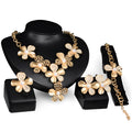 Gold alloy four-piece jewellery set with earrings, necklace, and bracelet in 18K colour, plant flower pattern