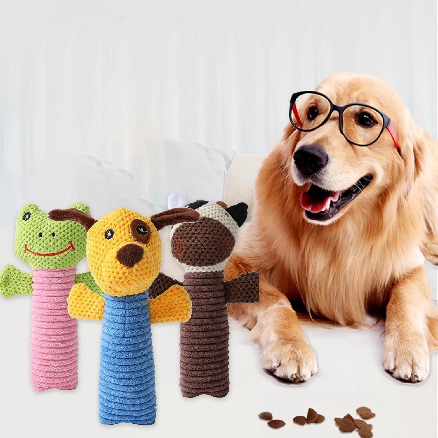Squeaky stuffed animal dog chew toy in calves, frogs or puppies design, 19cm length