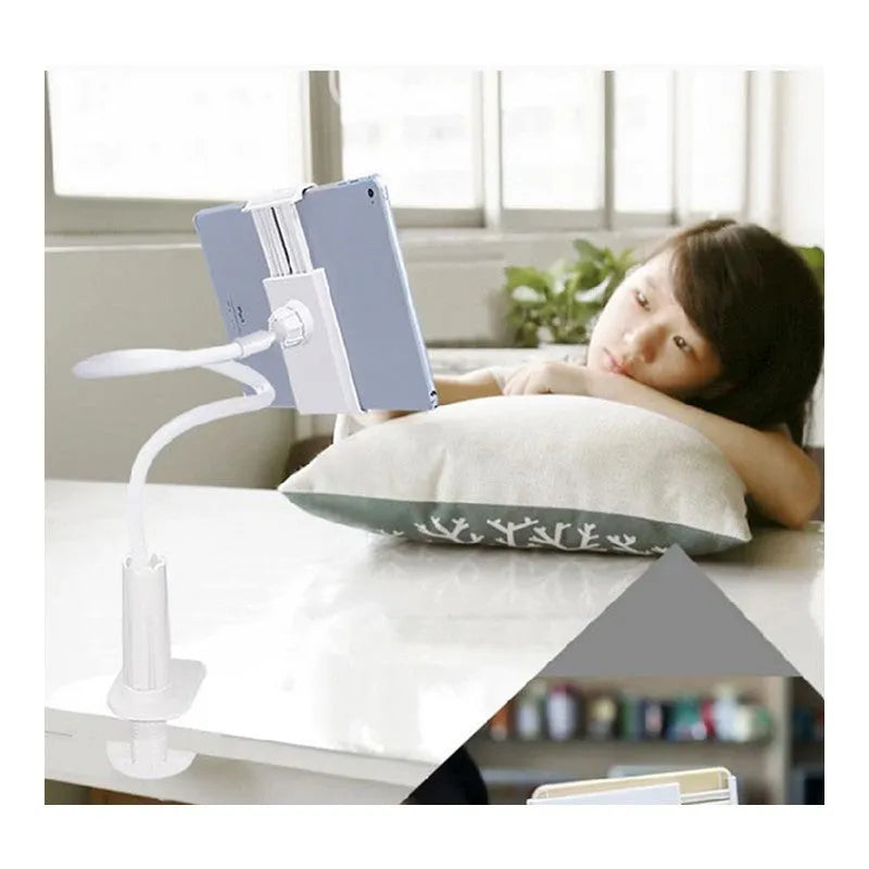 Black flexible mount holder with bendy arm holding a tablet, attached to a surface by a suction cup.