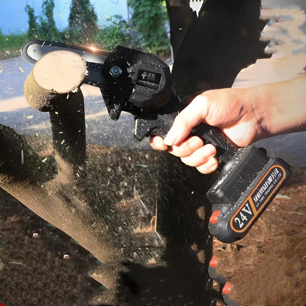 Wireless 6-inch lithium battery chainsaw with rechargeable battery and charger, EU model, green and black colour