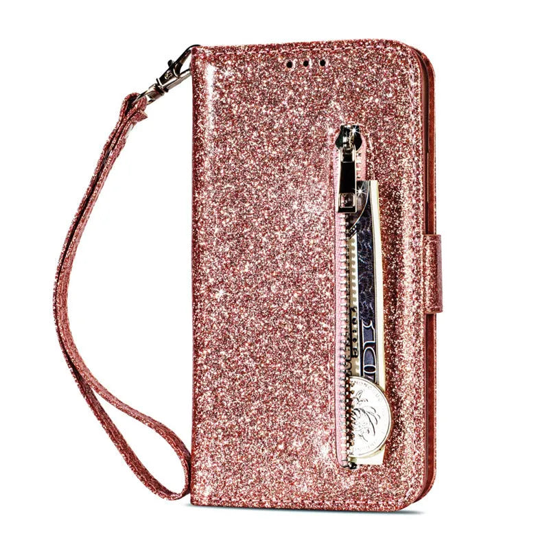 Black PU leather zipper wallet case for iPhone, shown closed and displaying card slots inside.