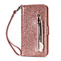 Black PU leather zipper wallet case for iPhone, shown closed and displaying card slots inside.