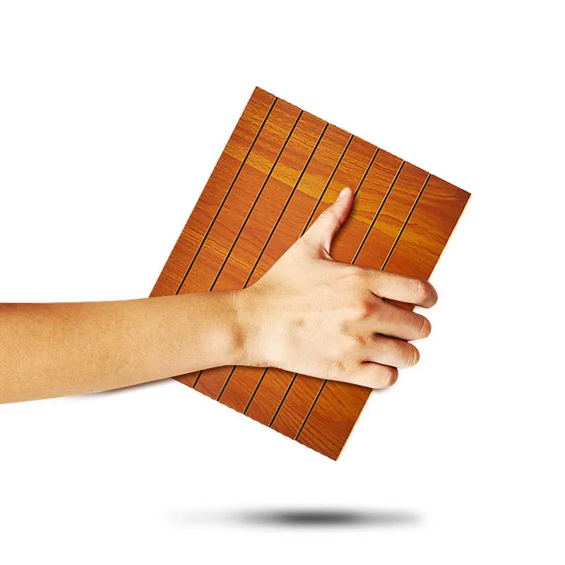 Wood grain phone amplifier stand on a table holding a mobile phone.