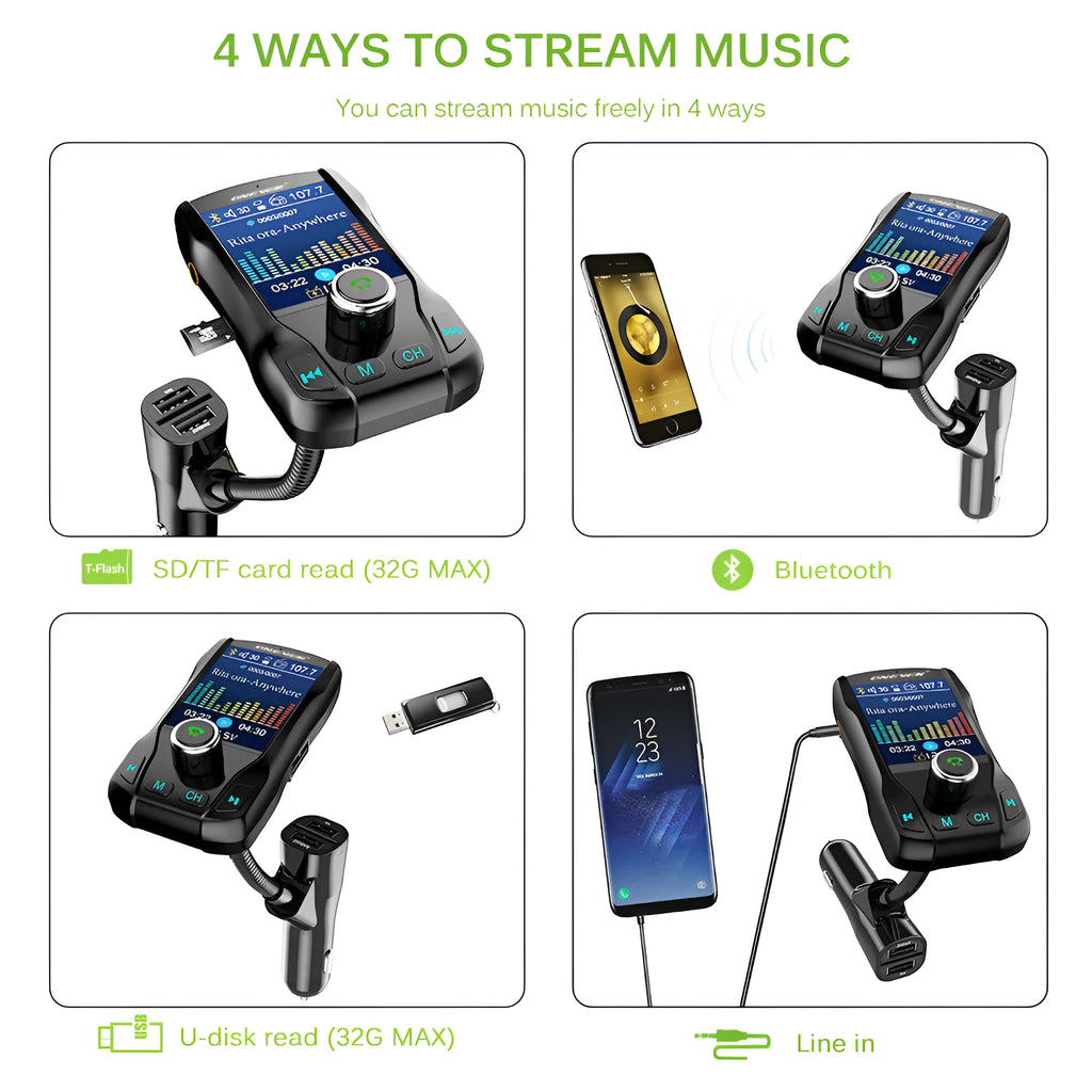 Black car FM transmitter with colour screen and flexible hose plugged into a vehicle power socket