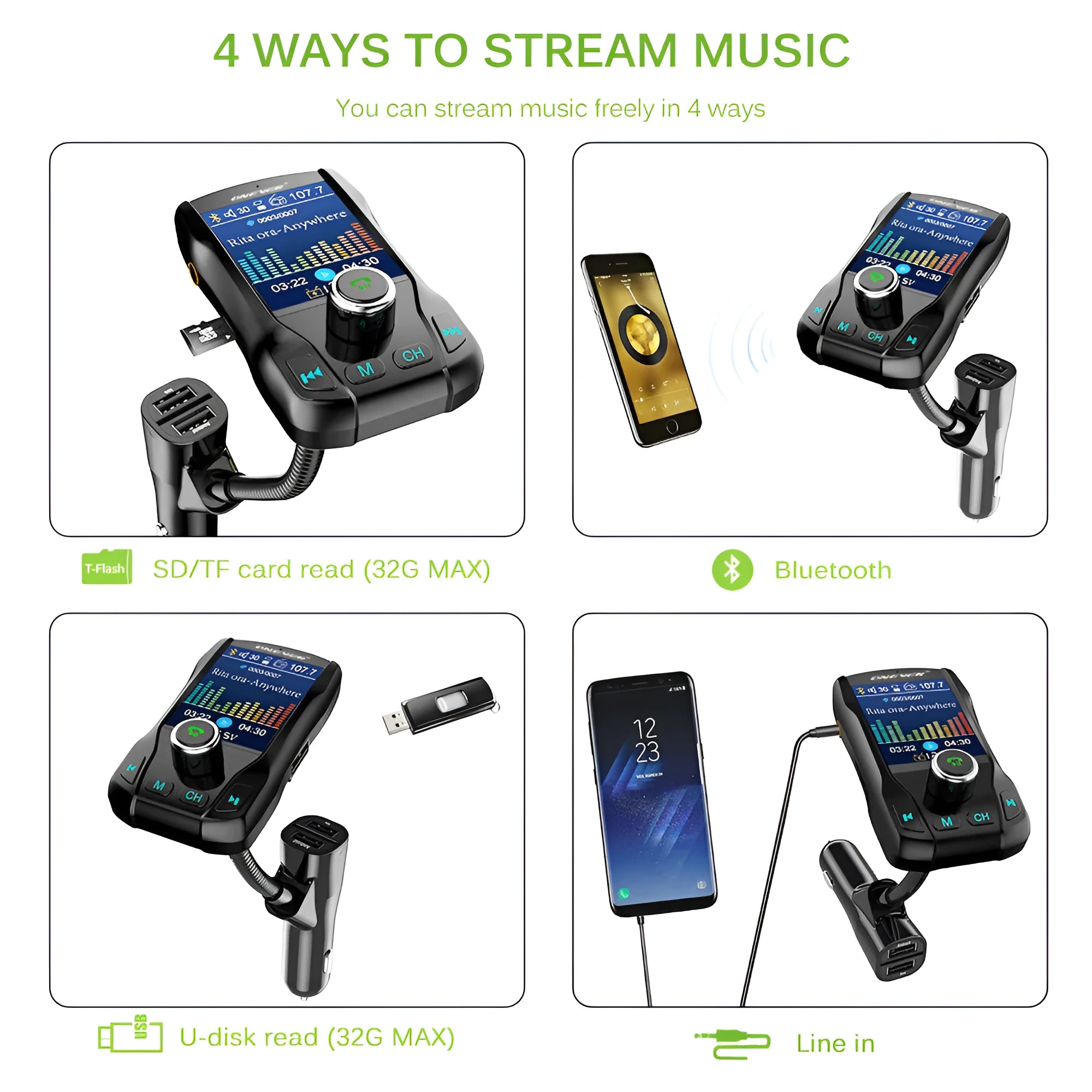 Black car FM transmitter with colour screen and flexible hose plugged into a vehicle power socket