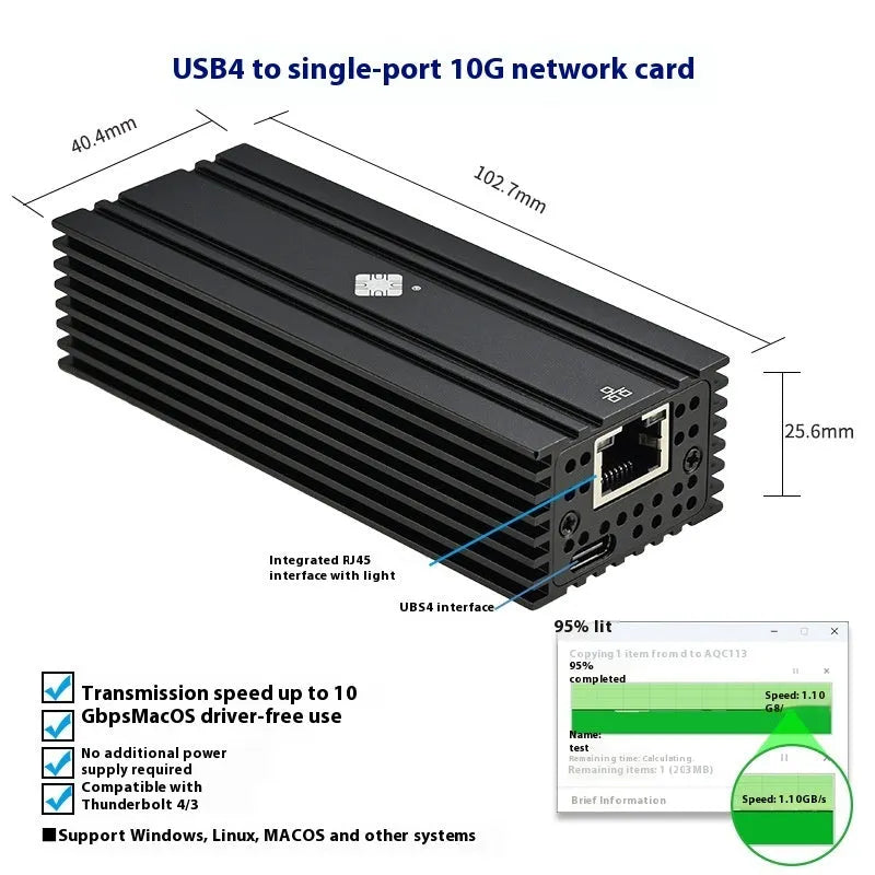 Black USB4 10 Gigabit Ethernet adapter with 20cm cable and RJ45 port