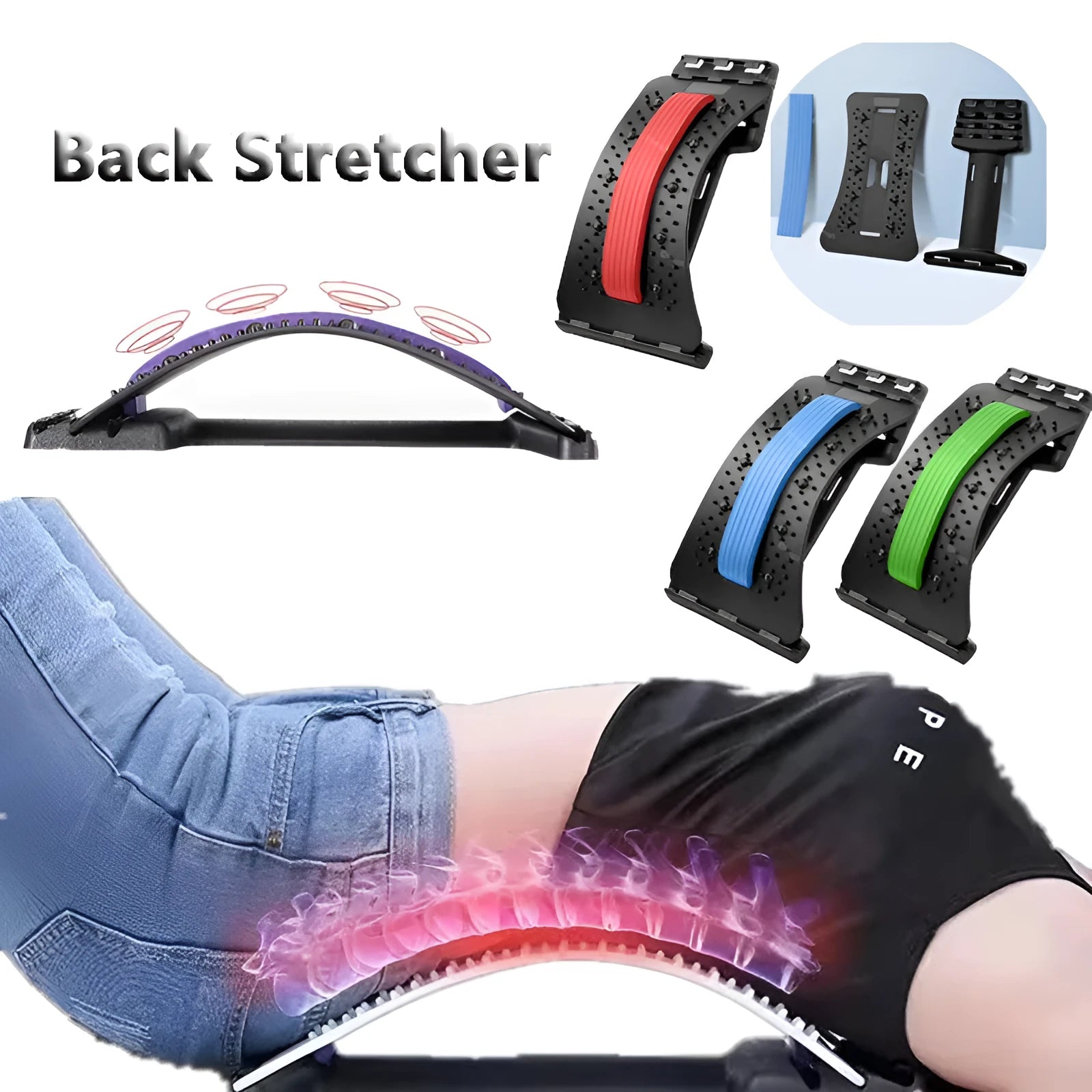 Adjustable back stretcher massager in rectangular trapezoid shape with multiple colour options
