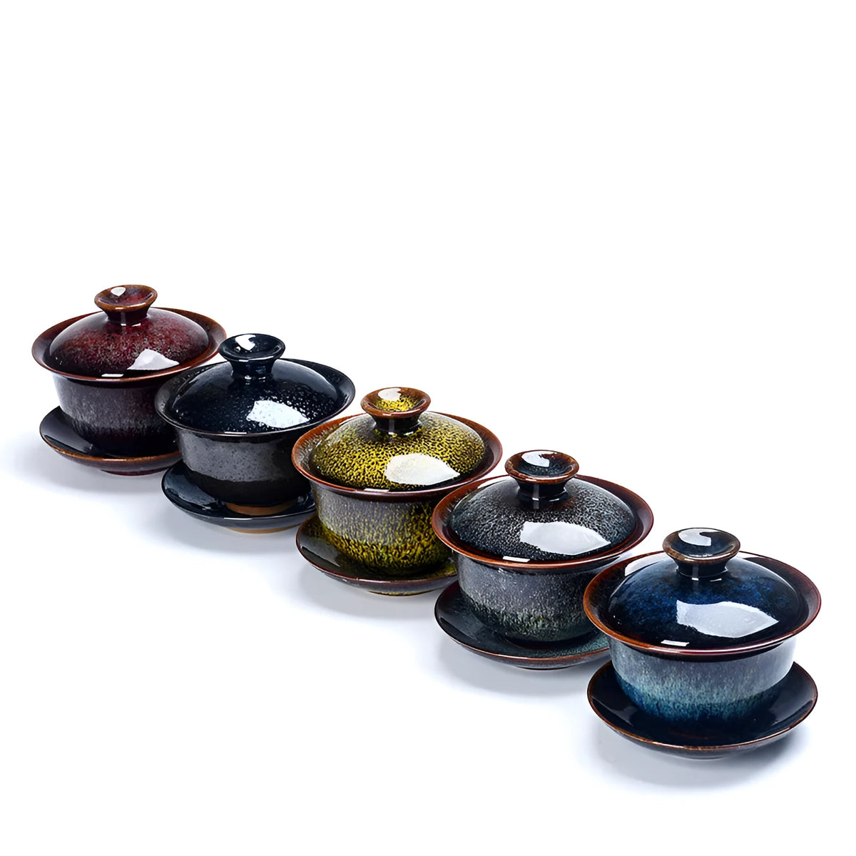 Three-piece ceramic tea set with covered bowl and teacup in black transmutation glaze finish