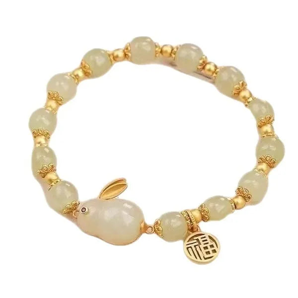 Green jade hare bracelet for women with Chinese zodiac animal styling and electroplated finish