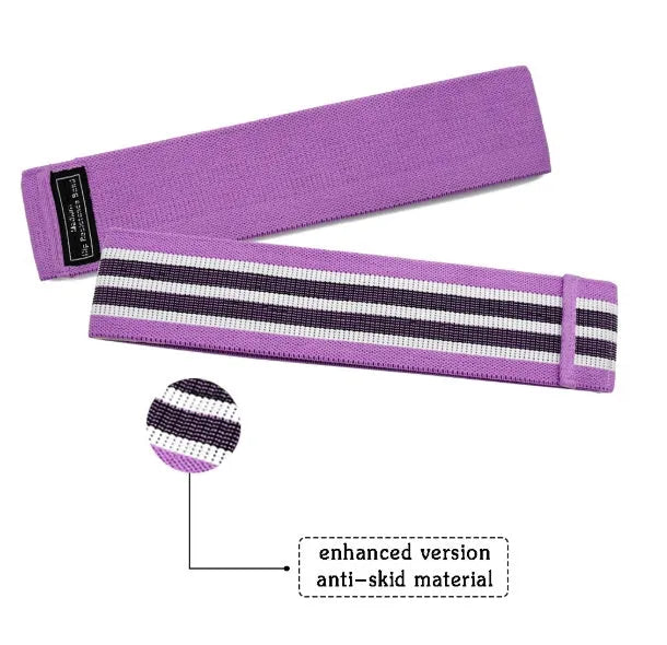 Set of three coloured fabric resistance bands (blue, pink, purple) and a mesh storage bag for fitness training.