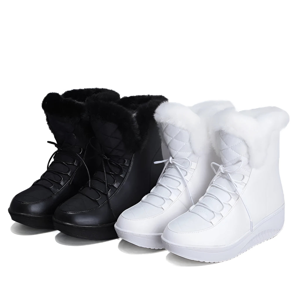 Black women's winter boots with lace-up closure, water-resistant PU leather, and a plush lining.